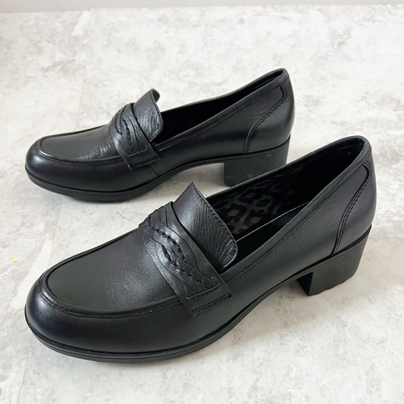 Abeo Jade Black Leather Heeled Loafers 9 Chunky Dress Pro System Work Career - Picture 1 of 9